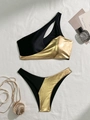 Chic one-shoulder black and gold bikini set with metallic finish on white fabric - S / Gold