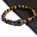 Bracciale da uomo in occhio di tigre marrone con ciondolo a corona in bronzo retrò - Occhio di Tigre Nero Lucido