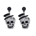 Orecchini a teschio di Halloween scintillanti con cappello a cilindro e strass argentati lucidi - Teschio Glitterato Argento Con Cappello