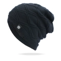 Close-up of black knit beanie showing diamond texture and white H logo on label - One Size / Black