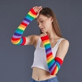 Rainbow striped cotton fingerless long gloves with thumb hole for cosplay arm warmers - Fingerless Gloves with Thumb Hole / Rainbow Striped Red Trim