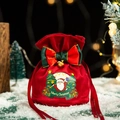 Red velvet Christmas gift bag with drawstring featuring Santa Claus and gold bell - Burgundy - Bow Single Snowman Logo