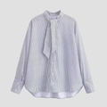 Blue and white striped poplin shirt with a pussy-bow neck and long sleeves - XS / Blue Stripe