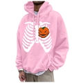 Pink fleece hoodie with Halloween skeleton rib cage and orange pumpkin heart print - S / Tops / Pink