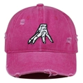 Close-up of distressed rose pink washed cotton baseball cap with white embroidery - One Size / Rose Red