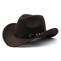 Dettaglio cappello da cowboy marrone scuro con fascia in pelle nera e fibbia in metallo - M (56-58 cm) Regolabile / caffè