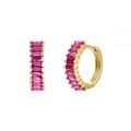 Detail of 18K gold huggie earrings with baguette cut rose red crystals in white background - Gold Rose Red Zirconia