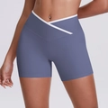 Detail of high-waisted modal blue yoga shorts with white V-cross waistband for fitness - Blue Gray (7117)