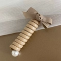 Spiral telephone wire hair tie in milk tea color with fabric bow and pearl detail - Khaki [Fabric Bow]