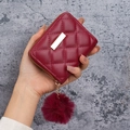 Elegant wine red quilted mini wallet with gold metal detail and plush fur pompom charm - Burgundy