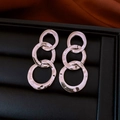 Modern triple interlocking silver drop earrings with hammered metallic texture on leather - 78# 925 Sterling Silver Earring Post-Silver Hammered Irregular Triple Hoop Earrings
