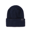 Detailed close-up of dark blue ribbed knit beanie with leather FAVORITE patch - M (56-58cm) / Navy Blue