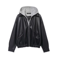 Detail of hooded faux leather jacket featuring black body, grey knit hood and zipper closure - XS / Black
