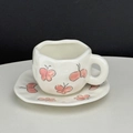 Irregular handmade ceramic coffee cup and saucer set with hand-painted pink butterfly - Pink Butterfly Cup & Saucer