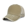Gorra de béisbol de algodón lavado caqui con malla trasera y detalles desgastados - Ajustable / Caqui
