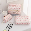 Quilted floral cosmetic bag set with pink rose patterns and bow ribbon details - Sanitary Napkin Storage Bag / Pink Rose