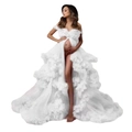 Detailed view of layered white tulle mesh and pleated hem on an off-shoulder maternity dress - White