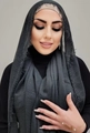 Dark charcoal cotton linen crinkle scarf hijab shown on a model with natural frayed edges - Dark Gray