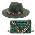 Detail of dark green straw fedora hat and matching quilted cloud bag with gold chains - M (56-58cm) / Dark Green Hat + Bag