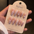 Detail of almond-shaped pink press-on nails with white floral lace and mini pearls - Pink Purple Gradient Relief Floral Pearl Style (WY-052) / 24Pcs Set