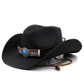 Chapeau de cowboy en paille noire avec bande ethnique et cordon de serrage réglable - M (56-58cm) / Noir