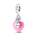 Macro detail of silver heart charm with pink enamel, Love engraving and zircon accents - Luminous Bead Pink Heart Pendant