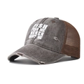Detail of distressed charcoal cotton trucker hat with Fish Fear Me slogan and mesh back - Adjustable / Coffee