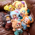 Set of seven plush pandas in colorful animal onesies with checkered bows for desktop - 1044 Cafe Series / Random One