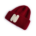 Deep red ribbed knit beanie for kids featuring a stylish white letter N patch - Wine Red