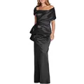 Elegant navy blue off-shoulder satin mermaid evening gown with waist bow detail - US size 14 (XL) / Tops / Black
