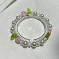 Handmade beaded bracelet with faux pearls and floral resin beads on white fabric - S025 - White Tulip Bracelet #sz211