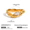 Gold twisted stainless steel ring featuring a teardrop zircon and waterproof finish - Twisted Pear Zirconia Style (JDR0305027-6)