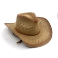 Brown straw cowboy hat with wide wavy brim and adjustable chin strap on white background - Adult Size / Brown Straw Style (1#)
