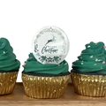 Silver acrylic Merry Christmas cupcake topper with reindeer pattern on a green cake - Silver Reindeer Style