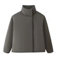 Macro detail of dark grey puffer jacket with stand collar and hidden snap closure - S / Gray