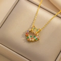 Golden titanium necklace with colorful zircon wreath pendant and butterfly in gift box - Colorful Donut Butterfly Necklace (859)