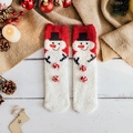 Plush Christmas coral fleece snowman socks with festive holiday decorations on wooden background - One Size / Pink Button Snowman