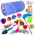 Lot de 15 jouets pour chats avec tunnel bleu, baguette à plumes et souris en peluche - Lot No. 34 Ensemble de 15 pièces