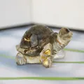 Miniature turtle figurine crafted from translucent yellow crystal with gold leaf details - Labradorite + Gold Foil