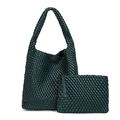 Handwoven dark green PU leather tote bag and matching pouch set with grid pattern - Emerald