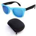 Blue folding sunglasses with polarized lenses and a black zipper protective fabric case - Blue Frame Blue Mirror Lens