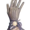 Elegant black mesh Lolita gloves with lace patterns, black bows, and pearl accents - Black Mesh Bow Gloves