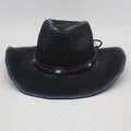 Sombrero vaquero de paja negro con banda de cuero turquesa y cordón ajustable - Talla única (Degradado) / Negro (Con Cuerda Turquesa)