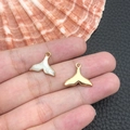Golden whale tail charms with white enamel inlay for DIY jewelry making set of two - White Ocean Mermaid Tail (9919)