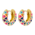 Colorful floral enamel gold huggie earrings featuring mosaic patterns on a white background - Colorful