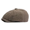 Classic herringbone newsboy cap in brown tweed fabric with a vintage eight-panel structure - Adjustable / Coffee