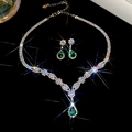 Parure bijoux de mariée avec collier argenté et boucles d'oreilles pierres vertes en goutte - Ensemble Vert de 2 Pièces