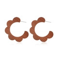 Detail of petal-shaped brown wood C-stud earrings showing natural wooden texture - Style 9