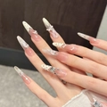 Faux ongles amande longs avec pois blancs, nœud 3D et cristaux de style élégant - Grand (L) / 517-Long Stiletto