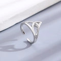 Minimalist silver bow-shaped open ring with sparkling round zircon stone in silver finish - Silver Minimalist V-Shape Ring (K-616)